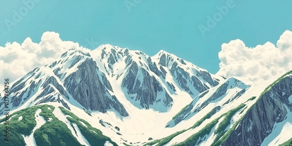 Fototapeta Snow-Covered Mountains with Scenic Green Trail in Summer