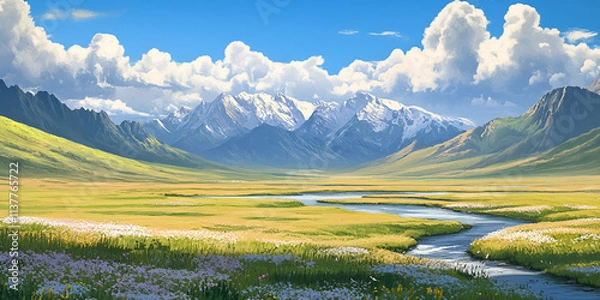 Fototapeta River Flowing Through Scenic Mountain Valley Under Blue Sky