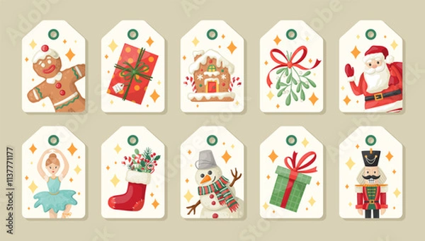 Fototapeta Collection of New Year and Christmas tags. Hand drawn cartoone  style vector tamplate.