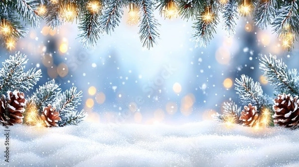 Fototapeta Winter wonderland scene with snowy pines and lights nature digital artwork calm atmosphere