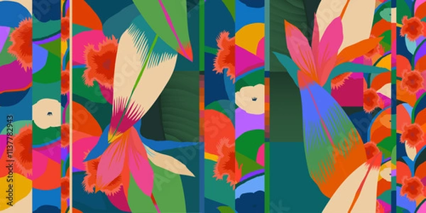 Obraz Tropical hand drawn flowers pattern. Dynamic botanical print. Unique fashionable template for design. 