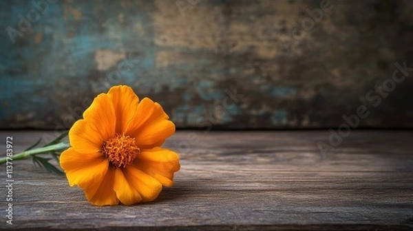 Fototapeta Vibrant Marigold Bloom on Rustic Wooden Surface