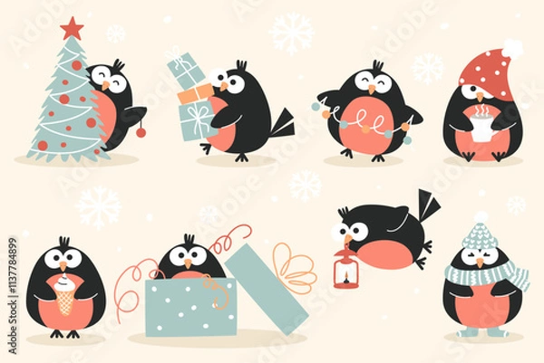 Fototapeta collection of New Year bullfinches in flat style