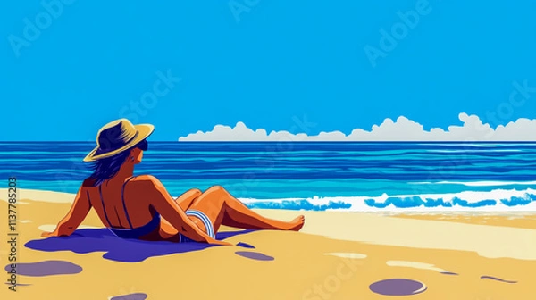 Fototapeta A relaxing woman lounging on a sandy beach with the serene blue ocean in the background