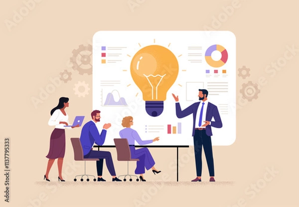 Fototapeta Business Idea Presentation Concept. Vector cartoon illustration of an office worker presenting his idea with a board with a light bulb and graphs in front of his colleagues. Isolated on background