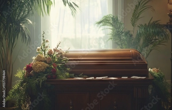 Fototapeta Wooden casket surrounded by flowers and envelopes in a funeral home. AI generated illustration