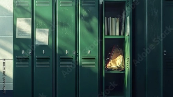 Fototapeta Open green high school locker with books and gym bag in an empty room. AI generated illustration