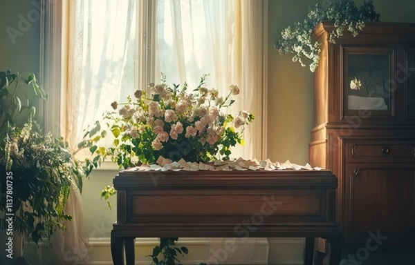 Fototapeta Wooden casket surrounded by flowers and envelopes in a funeral home. AI generated illustration