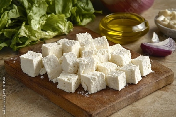 Fototapeta Feta cheese with salad and olive oil on a wooden board. AI generated illustration