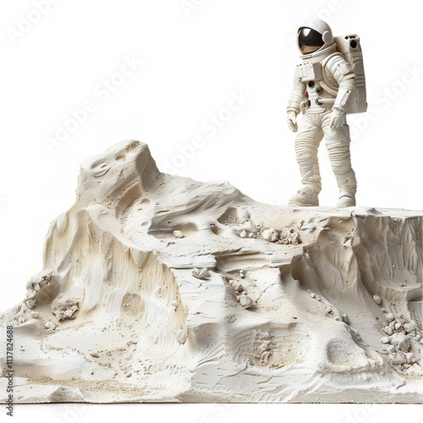 Fototapeta Astronaut Exploring Mysterious Lunar Landscape With Rugged Terrains and Craters