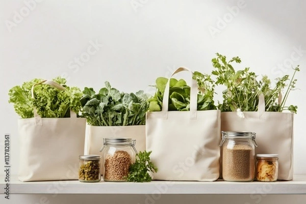Obraz Fresh produce and grains promoting sustainable lifestyle in reusable bags