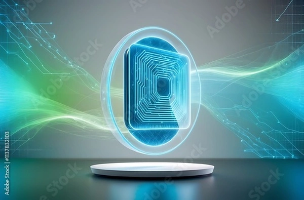 Fototapeta Future of Technology:  A futuristic, abstract concept of a computer chip, illuminated by vibrant green and blue energy waves. The chip, a symbol of innovation, hovers above a white pedestal.