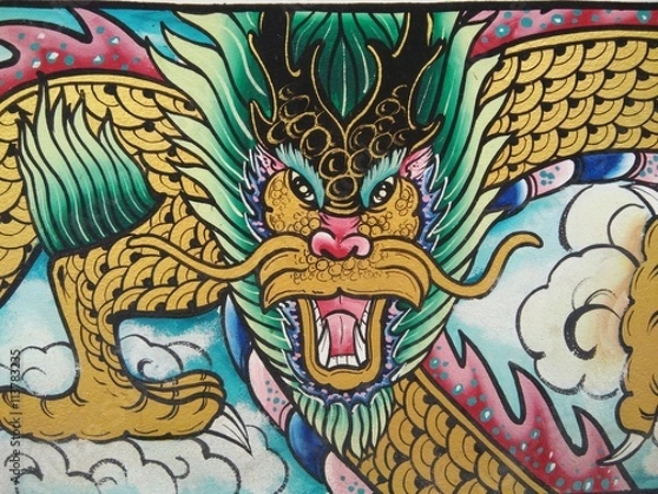 Fototapeta Painting dragon on the wall in temple of Thailand