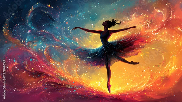 Fototapeta A cartoon-style illustration of a ballerina performing a grand jeté, her body stretched in mid-air, surrounded by colorful swirls and sparkles that reflect the energy and joy of her performance.