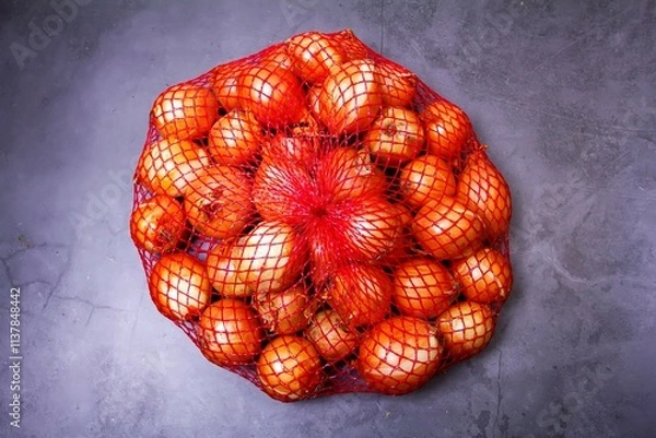 Fototapeta a lot of ripe onions in a red mesh on a gray background