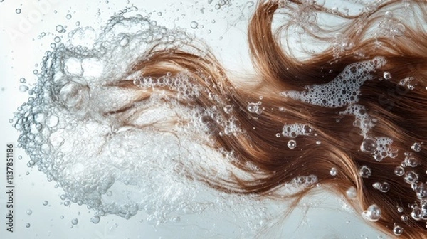 Fototapeta Flowing hair submerged in water with bubbles and waves