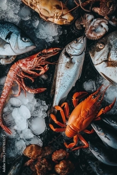 Fototapeta Fresh seafood display: variety of fish and shellfish on ice for culinary inspirations
