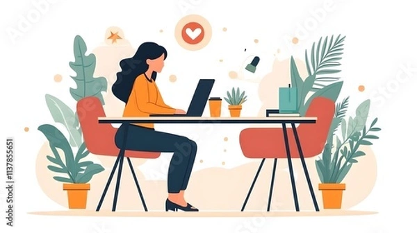 Fototapeta Work from Home Concept 2D woman is sitting at a desk with a laptop on White Background AI Generated