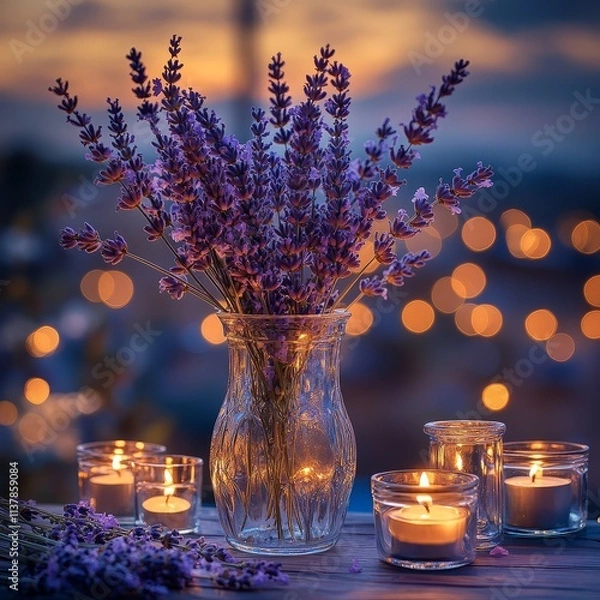 Fototapeta Spa still life with candles and lavender