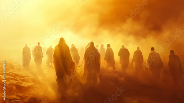 Fototapeta Jesus leading a group of disciples in a soft lit, ethereal scene with warm hues and flowing robes