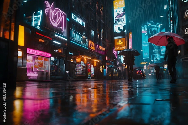 Fototapeta Cyberpunk Street Scene with Neon Reflections and Rain