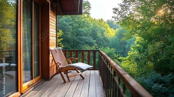 Obraz Elegant vacation home with a wooden chair on a relaxing balcony overlooking nature