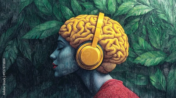 Fototapeta Close-up girl with a yellow brain wearing headphones on a green leave background. Generative AI.