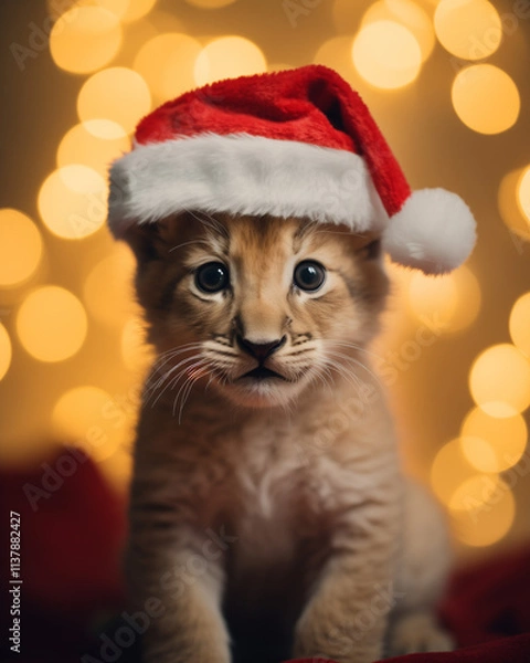 Obraz Cute little lion wearing a Santa hat, with a Christmas background with bokeh lights. Christmas animal wallpaper