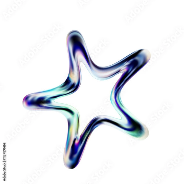 Fototapeta Blue star shape. 3d crystal glass element. Glossy iridescent geometric shape. 3d vector illustration on white background