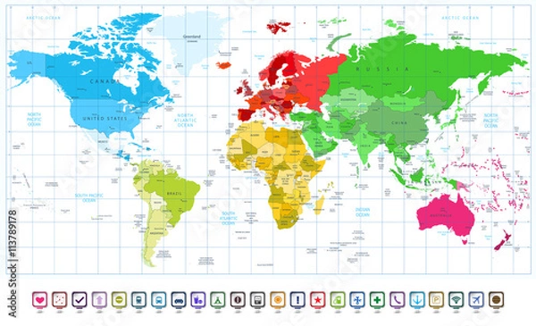 Obraz World Map spotted colors and 3D map pointers