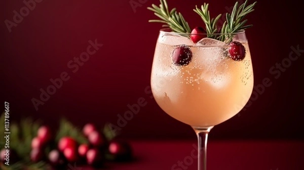 Fototapeta A photo of a Moscato spritz cocktail with ice, cranberry, and rosemary garnish in a glass on a dark red background. 