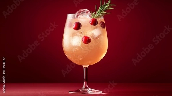 Fototapeta A photo of a Moscato spritz cocktail with ice, cranberry, and rosemary garnish in a glass on a dark red background. 