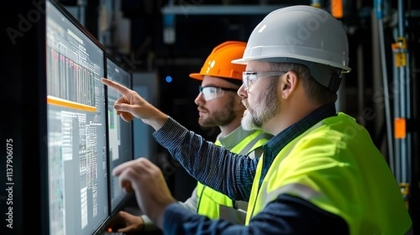 Fototapeta Electrical Engineer pointing at a computer monitor Screen They are Discuss about AI Generated