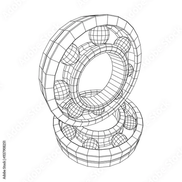 Fototapeta Roller bearing. Circular round rotating bearings used in industry for heavy equipment mechanical work and engineering. Wireframe low poly mesh vector illustration.