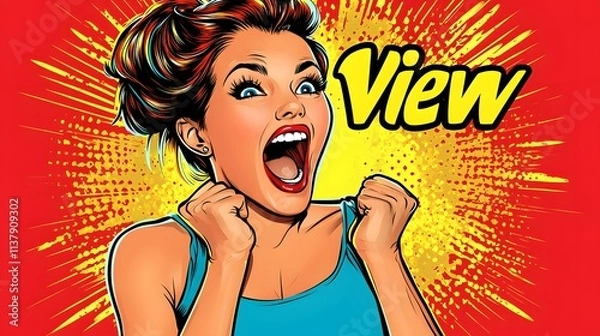 Fototapeta Pop Art of a Surprised woman with her mouth open and the word View written below her. AI Generated