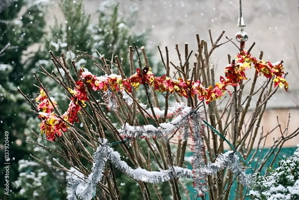 Obraz Happy New Year.Christmas tree decorations and toys for fir trees covered with snow and ice. Close-up. Merry Christmas.2024.
