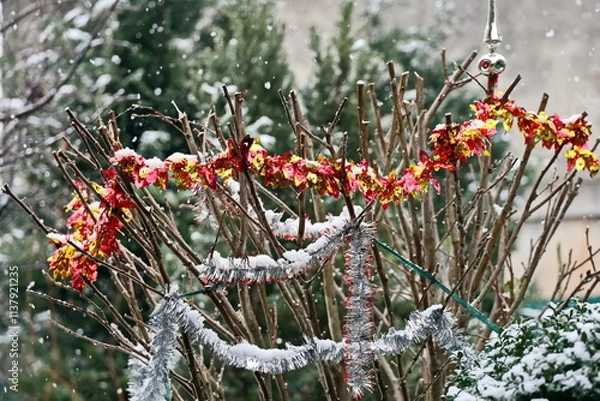 Obraz Happy New Year.Christmas tree decorations and toys for fir trees covered with snow and ice. Close-up. Merry Christmas.2024.