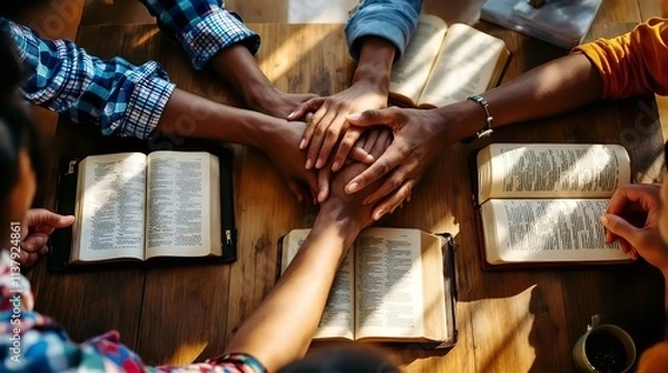 Fototapeta Diverse Group of People United in Prayer, Hands Overlapping on Open Bibles, Warm Sunlight Streaming Through Window
