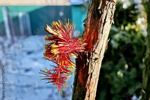 Obraz Happy New Year.Christmas tree decorations and toys for fir trees covered with snow and ice. Close-up. Merry Christmas.2024.