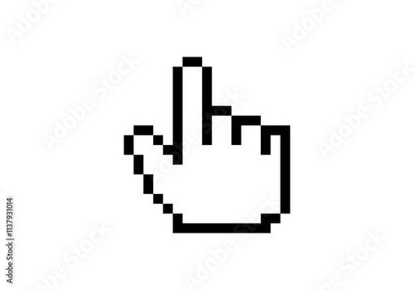 Fototapeta A digital, pixelated cursor hand symbol in black, displayed prominently on a white background.