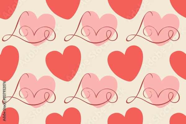 Fototapeta Pink hearts and beautiful inscription LOVE, calligraphic lettering romantic pattern on soft background. For wedding decoration. I love you, symbol. Happy Valentines Day. Vector illustration