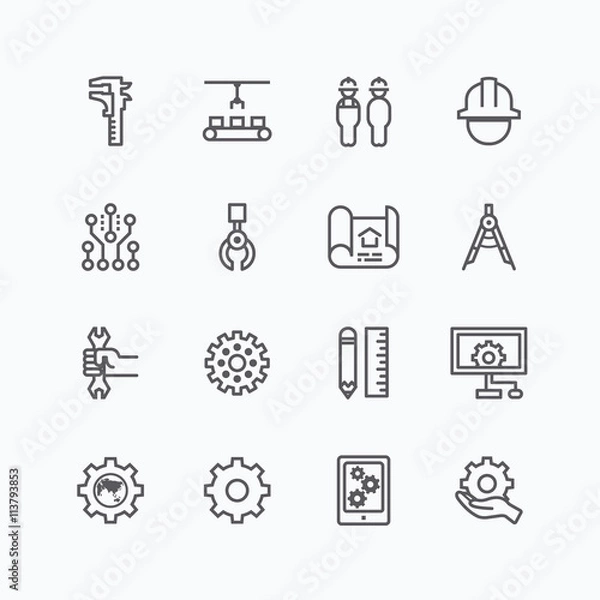 Fototapeta Engineering and manufacture silhouette icons set flat thin line