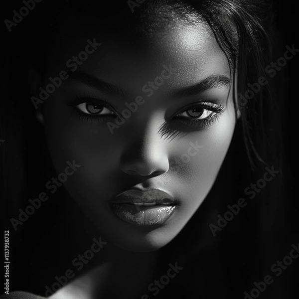 Fototapeta An impressive black-and-white portrait of a girl with an intense expression, dramatically lit against a dark background.