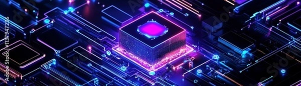 Obraz Neon Circuit Board with Microchip in Futuristic Style, Glowing Lights and Technological Design Concept for Digital Artwork and Innovations