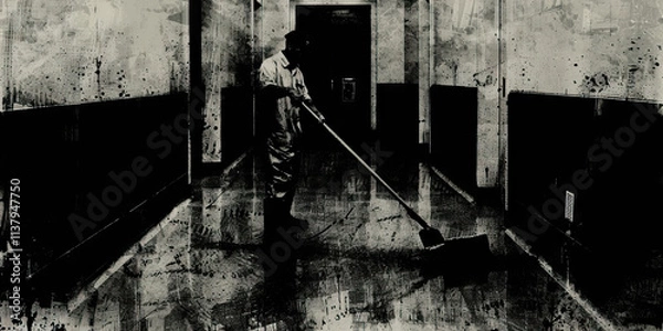 Fototapeta Person Mopping Corridor in Distressed Building