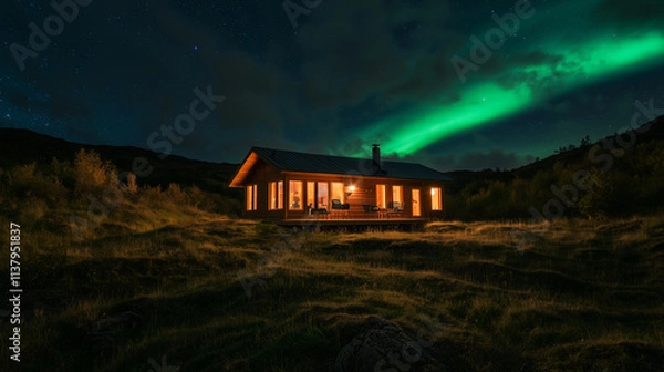Fototapeta A house in the middle of a valley with a beautiful view of the Northern Lights at night.