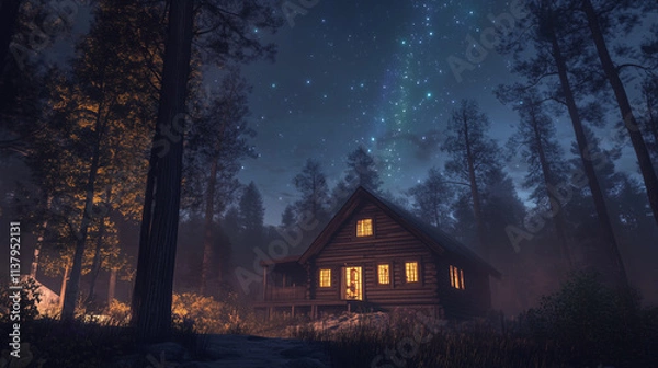 Fototapeta A house in the middle of a valley with a beautiful view of the Milky Way at night.