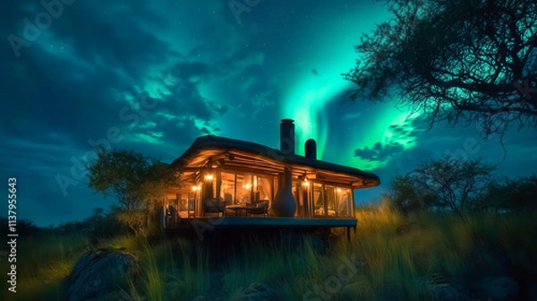 Fototapeta A house in the middle of a valley with a beautiful view of the Northern Lights at night.