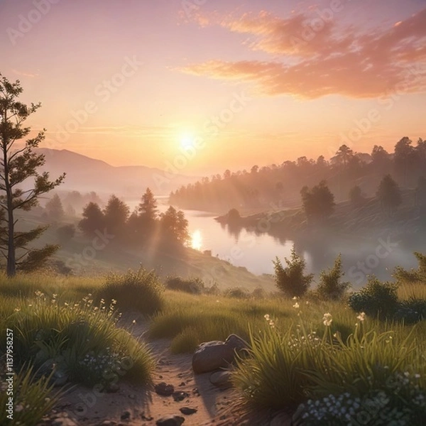 Fototapeta Peaceful morning sunrise over a serene landscape with gentle gradient sky and soft bokeh effect , Peaceful, Serene, Morning