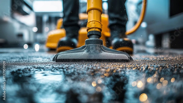 Fototapeta Close-up of an industrial vacuum cleaner removing water from a wet floor, emphasizing cleaning, maintenance, and professional janitorial services in a commercial setting.